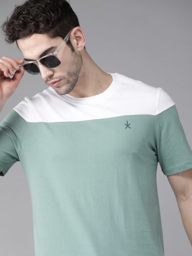 Men Green White Colourblocked Round Neck  