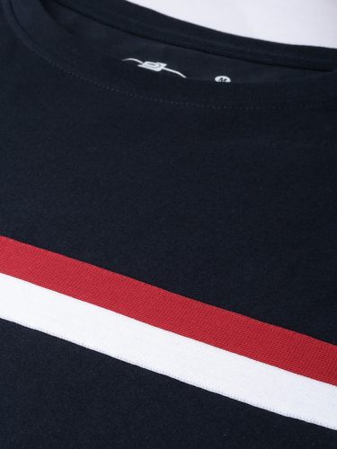 Men Navy Blue Red Striped Cotton Pure Full Sleeve T shirt